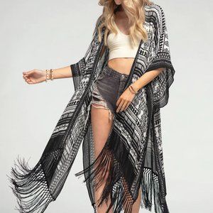 Dainty Black White Kimono Coverup With Delicate Tassel Fringe